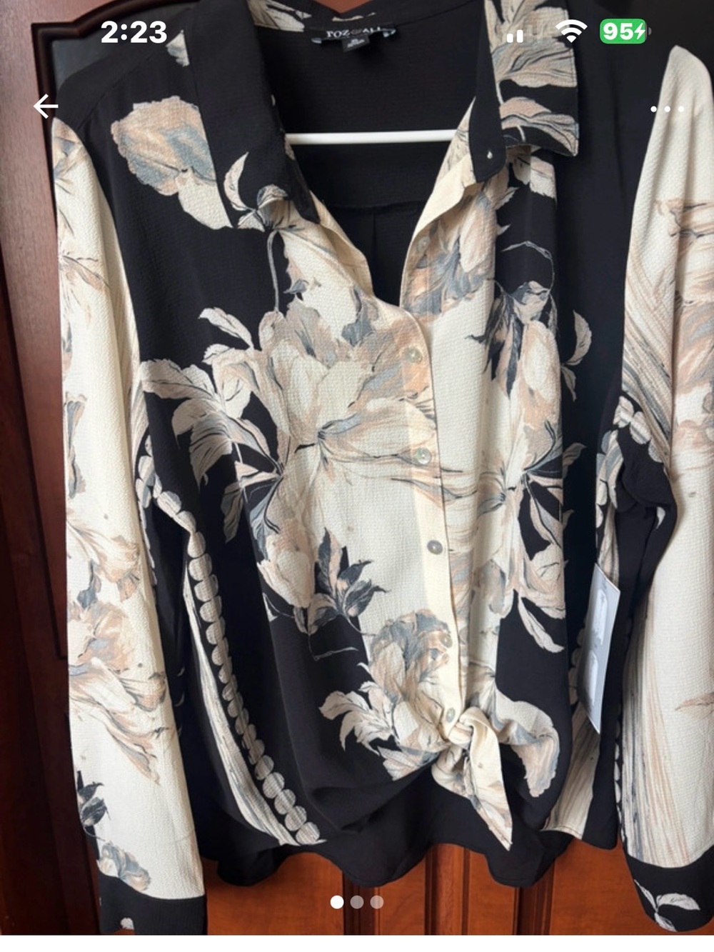 Black & Cream Floral Button-Front Tie Blouse